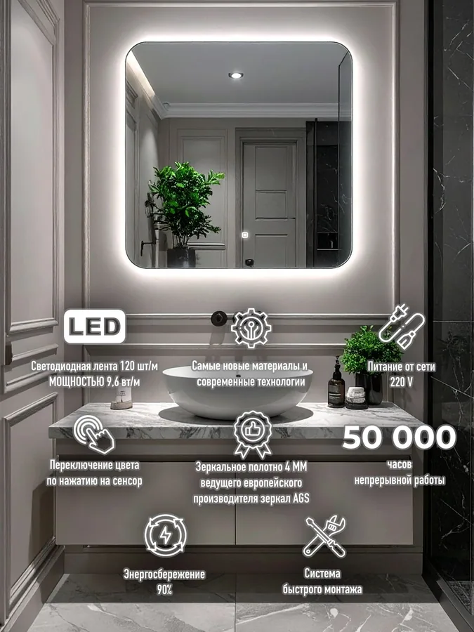 Зеркало ванной квадратное 50x50 см LED-подсветка