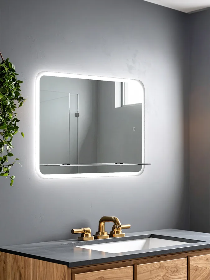 Зеркало ванной горизонтальная 72x52 см LED-подсветка с матовым ободком + полка