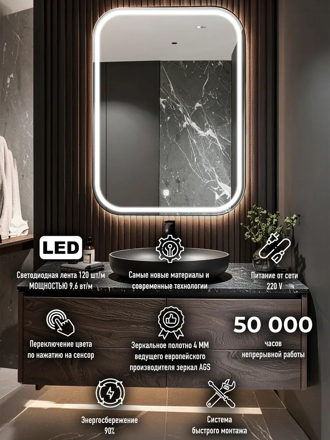 Зеркало ванной вертикальное 55x75 см LED-подсветка с матовым ободком