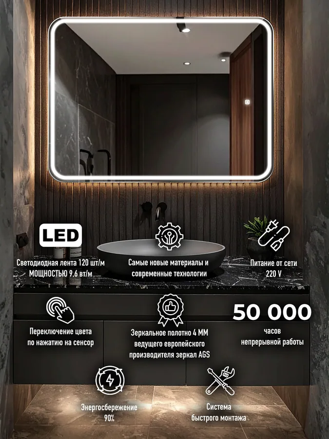 Зеркало ванной вертикальное 52x72 см LED-подсветка с матовым ободком